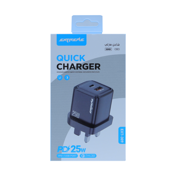 EXT-309 25W Dual Port Quick Charger | USB-C PD + USB-A Fast Wall Adapter with Advanced Safety