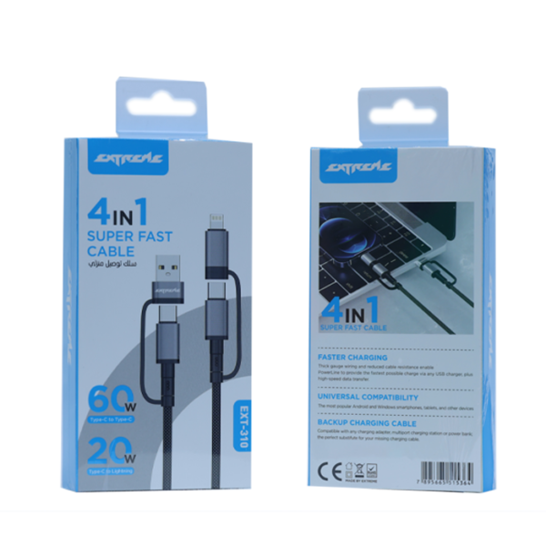EXT310 4-in-1 Super Fast Charging Cable – Type C to USB-C, Micro USB, Lightning | 20W Fast Charge | Universal Compatibility
