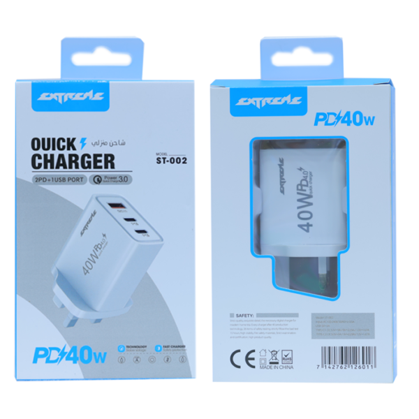 EXTREME 40W 3-Port Quick Charger | 2x USB-C PD + 1x USB-A | Power Delivery 3.0 GaN Wall Adapter