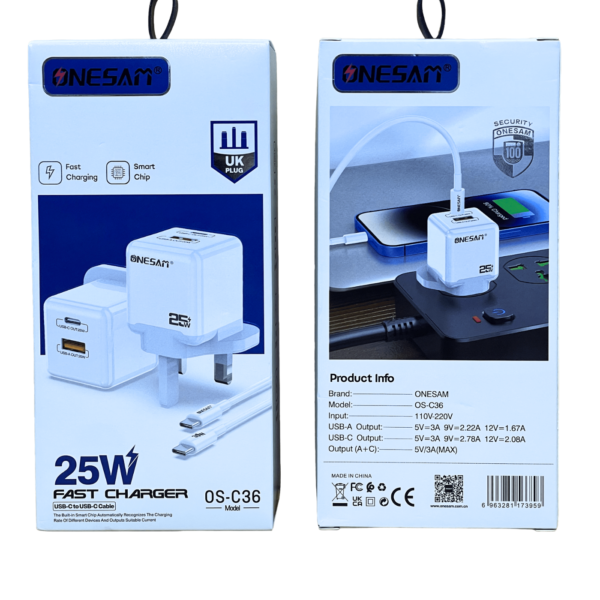 OneSam OSC36 OS06 25W Fast Home Charger PD to PD (USB-C to USB-C)