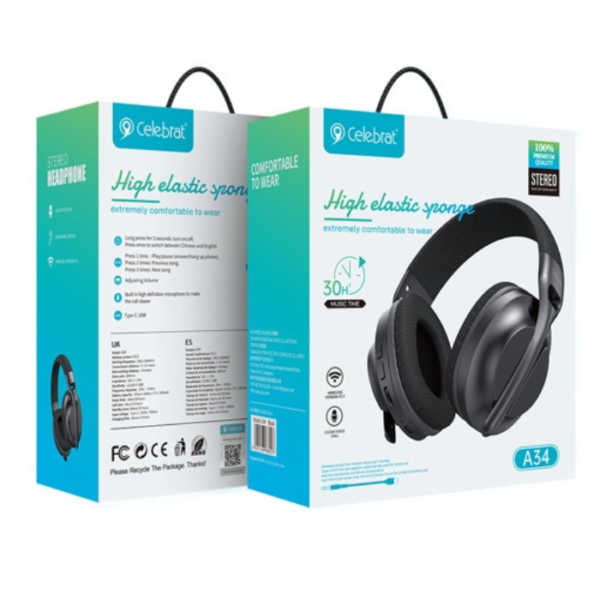 Celebrat A34 / YT07 Bluetooth Headset – Wireless Stereo Earphones with Mic