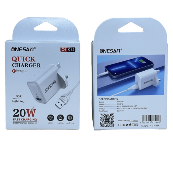 OneSam OSC12 OS11 20W Fast Home Charger USB with Lightning Cable